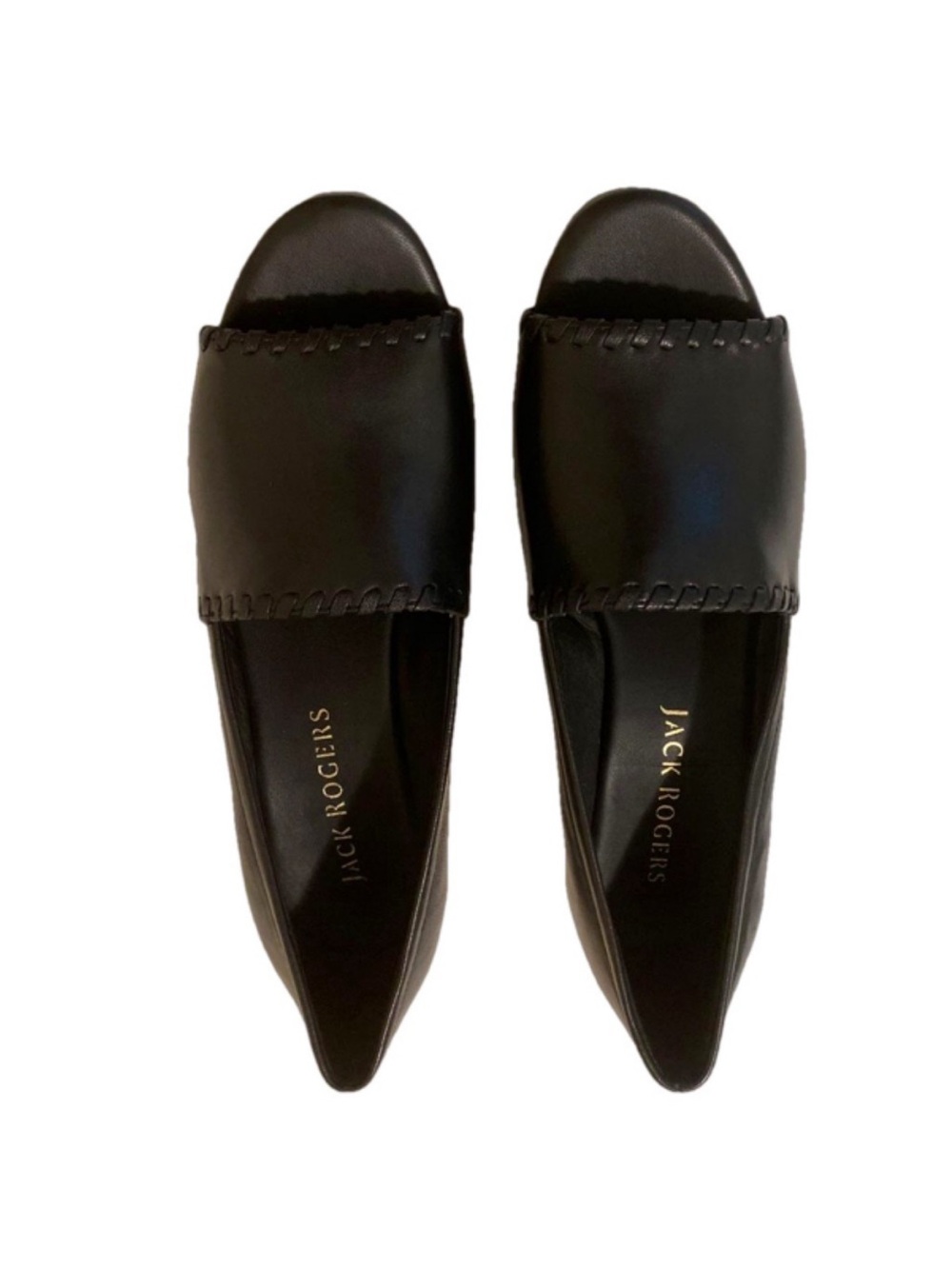 Jack Rogers Palmer Black Leather Stacked Wedge Sandals Whipstitch Trim - Picture 5 of 9